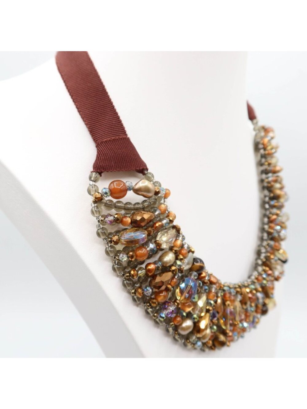 TALBOTS Caramel & Smoky Grey/Blue Beaded Collar Statement Necklace - Picture 2 of 7